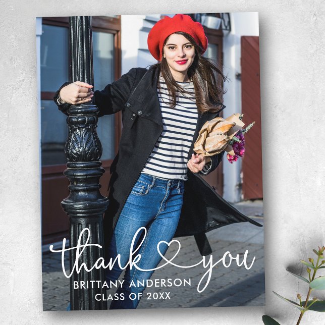 Calligraphy Heart Graduation Thank You Photo Postcard (Customize to change your personalized text size or text style.)