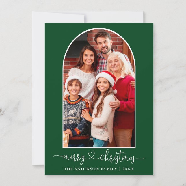 Calligraphy Heart Green Photo Arch Christmas Holiday Card (Front)