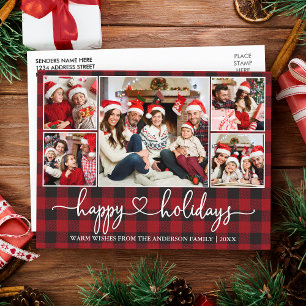 Calligraphy Heart Happy Holidays 5 Photo Red Plaid Postcard