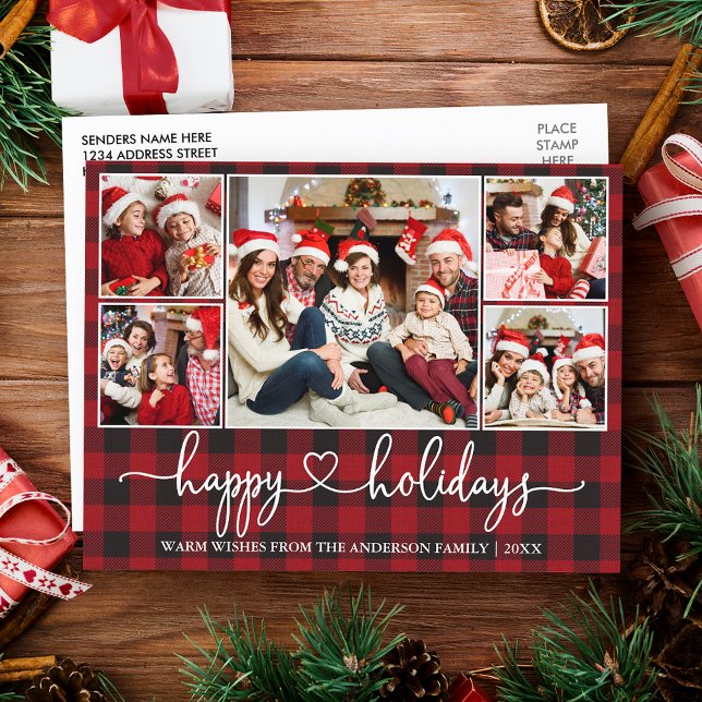 Calligraphy Heart Happy Holidays 5 Photo Red Plaid Postcard (Customize to change your personalized text size or text style.)