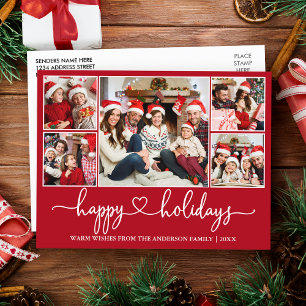 Calligraphy Heart Happy Holidays 5 Photo Red Postcard