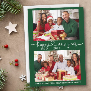 Calligraphy Heart Happy New Year Green 2 Photo Holiday Card