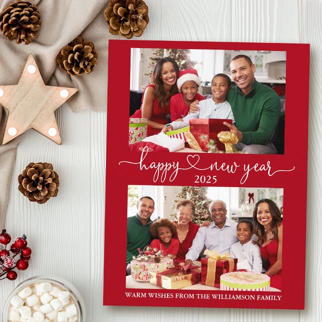 Calligraphy Heart Happy New Year Red 2 Photo Postcard (Customize to change your personalized text size or text style.)