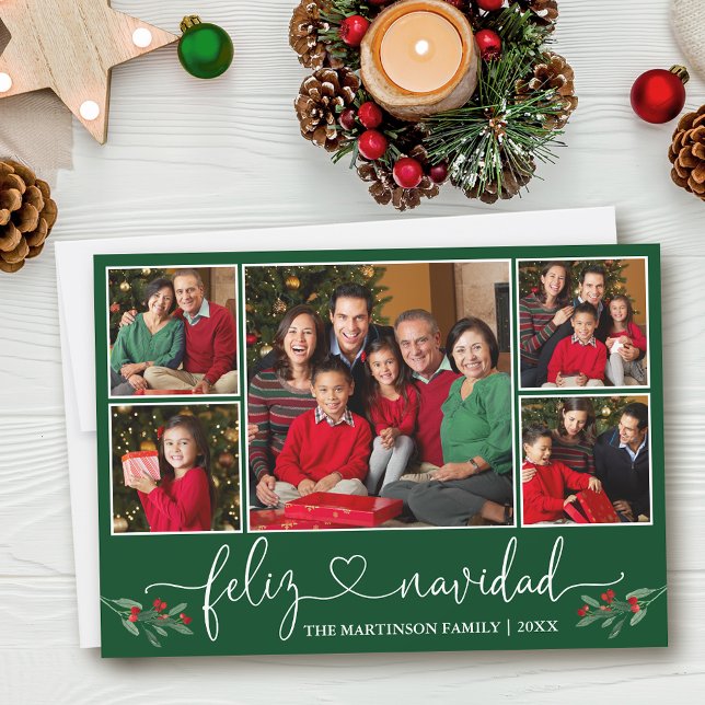 Calligraphy Heart Holly Feliz Navidad Green Holiday Card (Customize to add text to back of card.)