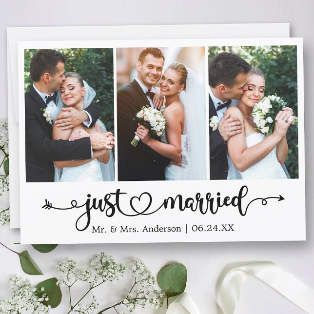 Calligraphy Heart Just Married 3 Photo Wedding Announcement (Customize to change your personalized text size, text style or to add text to back of card.)
