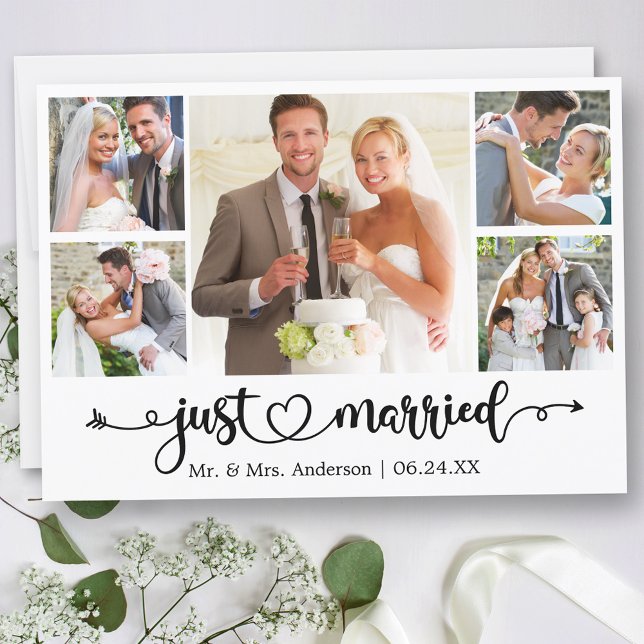 Calligraphy Heart Just Married 5 Photo Wedding Announcement (Customize to change your personalized text size, text style or to add text to back of card.)