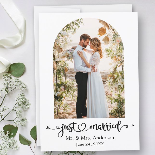 Calligraphy Heart Just Married Arch Wedding Announcement (Customize to change your personalized text size, text style or to add text to back of card.)