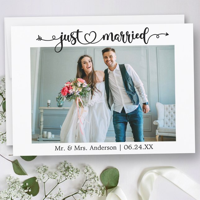 Calligraphy Heart Just Married Photo Wedding Announcement (Customize to change your personalized text size, text style or to add text to back of card.)