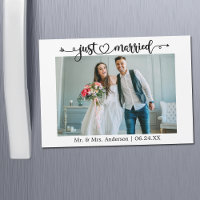 Calligraphy Heart Just Married Wedding Magnet Card