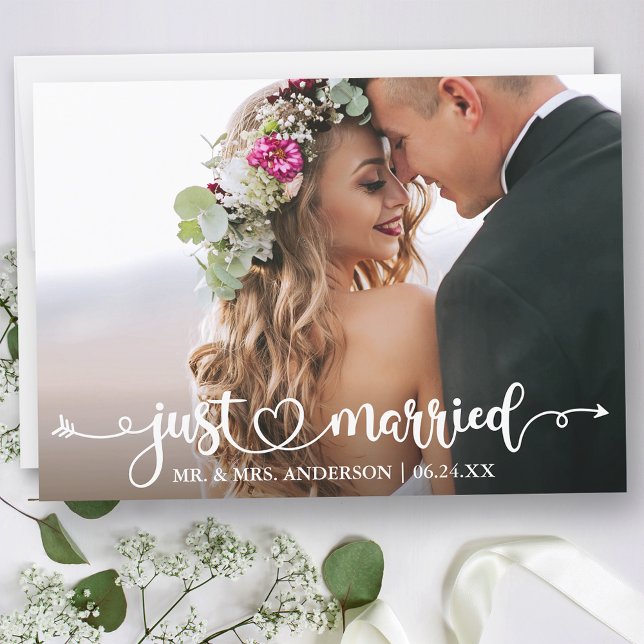 Calligraphy Heart Just Married Wedding Photo Announcement (Customize to change your personalized text size, text style or to add text to back of card.)