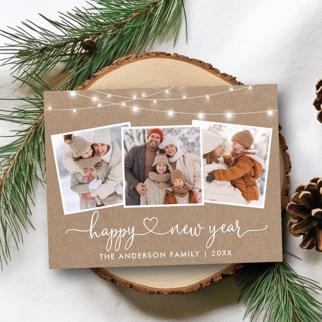 Calligraphy Heart Lights Kraft New Year 3 Photo Postcard (Customize to change your personalized text size or text style.)