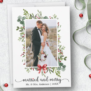 Calligraphy Heart Married and Merry Red Bow Photo Holiday Card