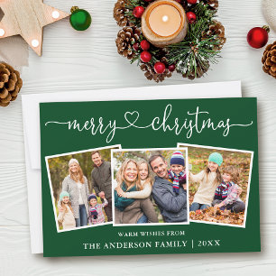 Calligraphy Heart Merry Christmas Green 3 Photo Holiday Card