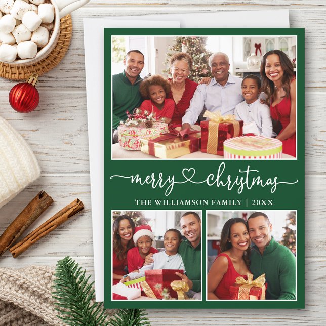 Calligraphy Heart Merry Christmas Green 3 Photo Holiday Card (Customize to add text to back of card.)