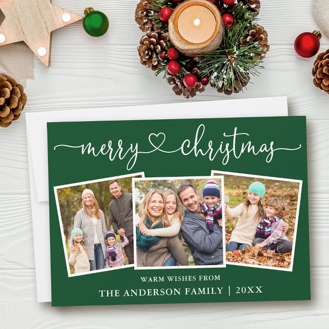 Calligraphy Heart Merry Christmas Green 3 Photo Holiday Card (Customize to add text to back of card or to change background color of card.)