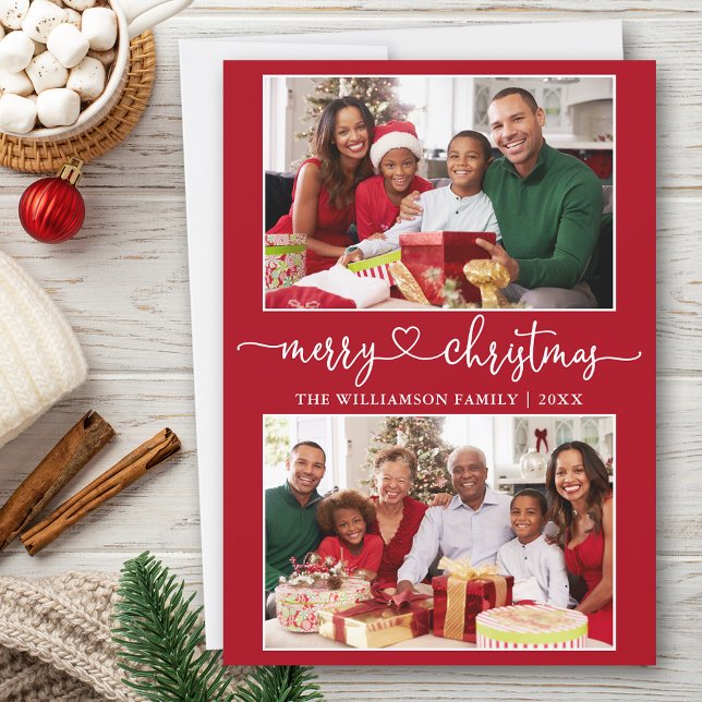 Calligraphy Heart Merry Christmas Red 2 Photo Holiday Card (Customize to add text to back of card.)