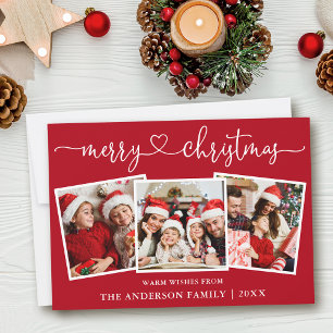 Calligraphy Heart Merry Christmas Red 3 Photo Holiday Card