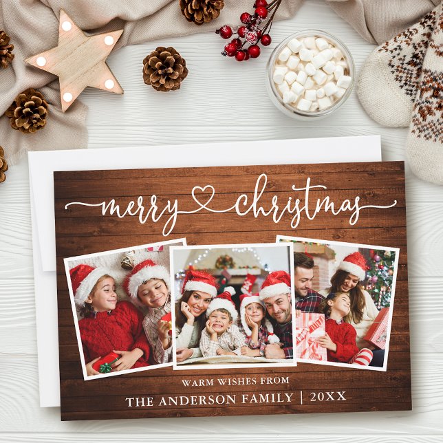 Calligraphy Heart Merry Christmas Wood 3 Photo Holiday Card (Customize to add text to back of card.)
