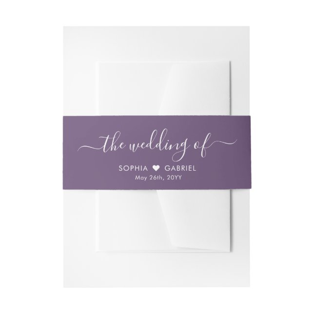 Calligraphy Heart Monogram Name Purple Wedding Invitation Belly Band (Front Example)