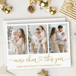 Calligraphy Heart More Cheer 3 Photo Gold Holiday Card