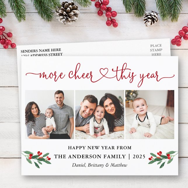 Calligraphy Heart More Cheer 3 Photo Holly Postcard (Customize to change your personalized text size or text style.)