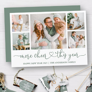 Calligraphy Heart More Cheer 5 Photos Sage Green Holiday Card