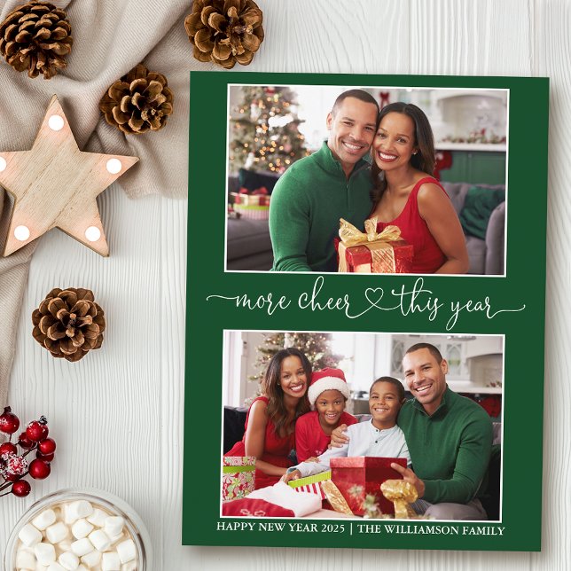 Calligraphy Heart More Cheer Green 2 Photo Holiday Postcard (Customize to change your personalized text size or text style.)