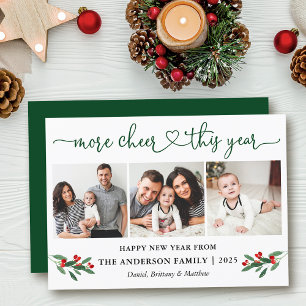 Calligraphy Heart More Cheer Holly 3 Photo Holiday Card