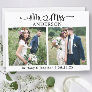 Calligraphy Heart Mr. and Mrs. 2 Photo Wedding Thank You Card