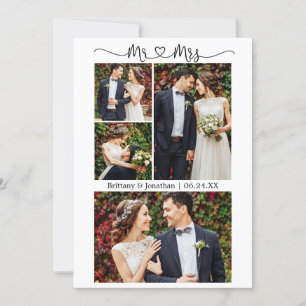 Calligraphy Heart Mr. and Mrs. Wedding 4 Photo Thank You Card