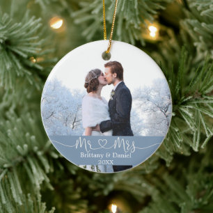 Calligraphy Heart Mr. and Mrs. Wedding Dusty Blue Ceramic Ornament