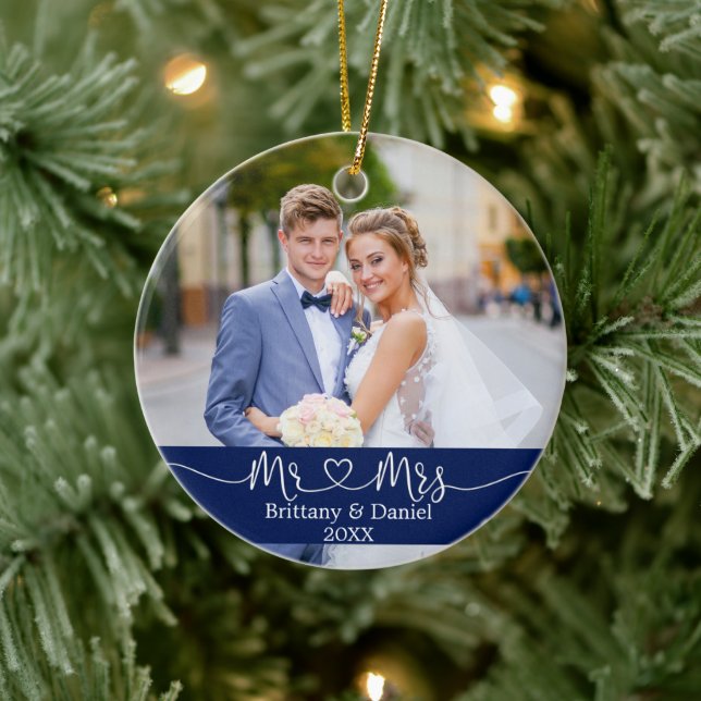 Calligraphy Heart Mr. and Mrs. Wedding Photo Blue Ceramic Ornament (Tree)