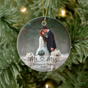 Calligraphy Heart Mr. and Mrs. Wedding Photo Ceramic Ornament