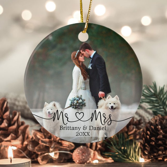 Calligraphy Heart Mr. and Mrs. Wedding Photo Ceramic Ornament (Customize to change your personalized text style or size.)