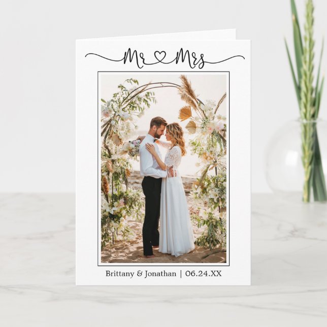 Calligraphy Heart Mr. and Mrs. Wedding Photo Fold Thank You Card (Front)