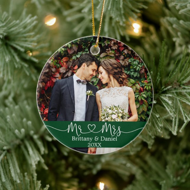 Calligraphy Heart Mr. and Mrs. Wedding Photo Green Ceramic Ornament (Tree)