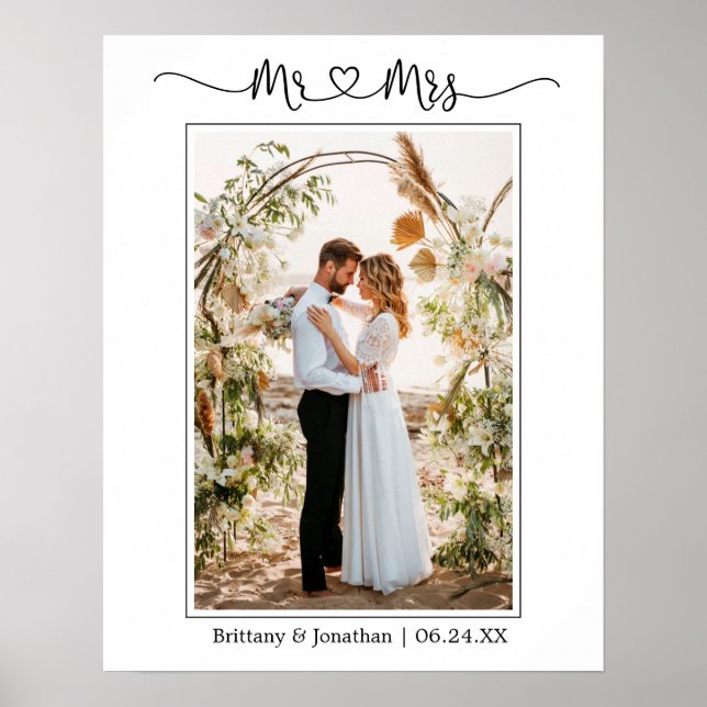 Calligraphy Heart Mr. and Mrs. Wedding Photo Poster (Front)