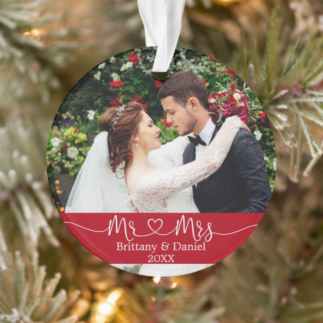 Calligraphy Heart Mr. and Mrs. Wedding Photo Red Ornament (Tree)