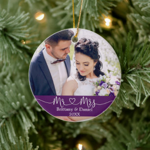 Calligraphy Heart Mr. and Mrs. Wedding Purple Ceramic Ornament