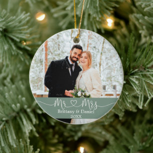 Calligraphy Heart Mr. and Mrs. Wedding Sage Green Ceramic Ornament
