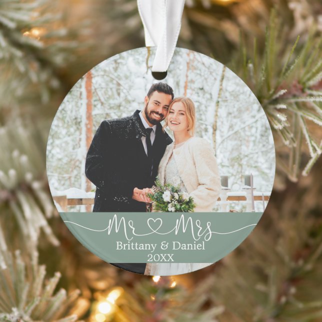 Calligraphy Heart Mr. and Mrs. Wedding Sage Green Ornament (Tree)