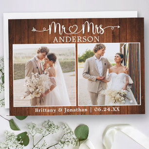 Calligraphy Heart Mr. Mrs. 2 Photo Wedding Wood Thank You Card