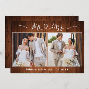  Calligraphy Heart Mr. Mrs. 2 Photo Wedding Wood Thank You Card