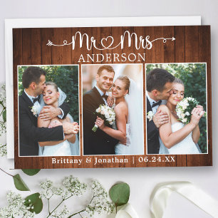 Calligraphy Heart Mr. Mrs. 3 Photo Wedding Wood Thank You Card