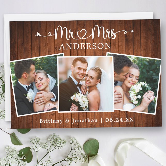 Calligraphy Heart Mr. Mrs. 3 Photos Wedding Wood Thank You Card (Customize to change your personalized text size or text style.)