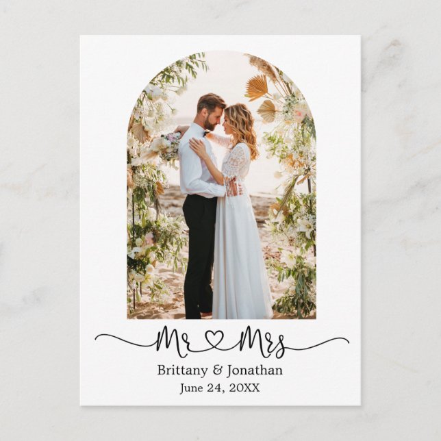 Calligraphy Heart Mr. Mrs. Arch Wedding Thank You Postcard (Front)