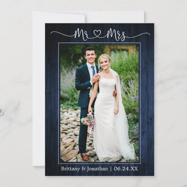 Calligraphy Heart Mr. Mrs. Blue Wood Wedding Photo Thank You Card (Front)