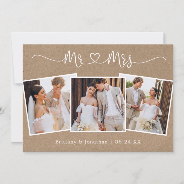 Calligraphy Heart Mr. Mrs. Wedding 3 Photo Kraft Thank You Card (Front)