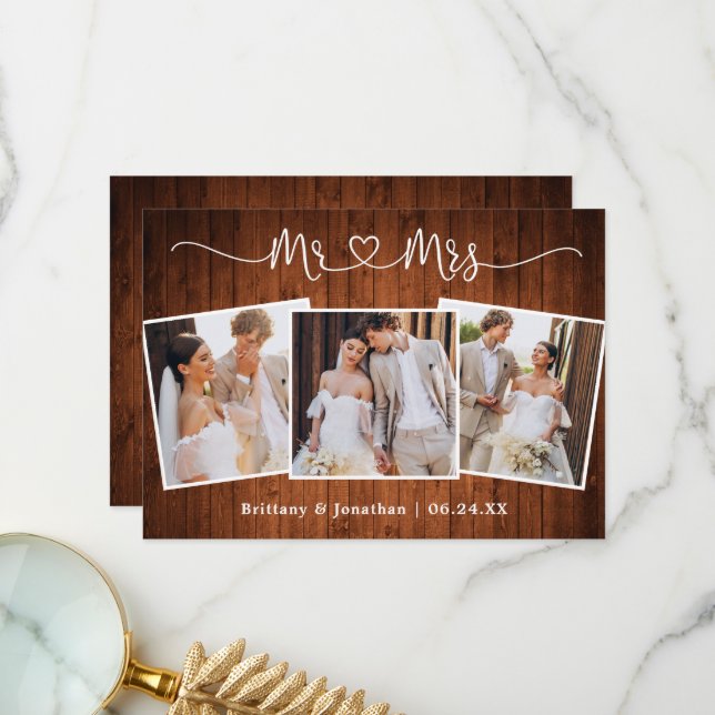 Calligraphy Heart Mr. Mrs. Wedding 3 Photo Wood Thank You Card (Front/Back In Situ)