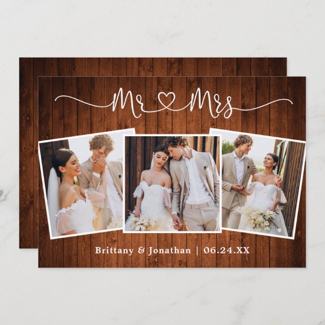 Calligraphy Heart Mr. Mrs. Wedding 3 Photo Wood Thank You Card (Front/Back)